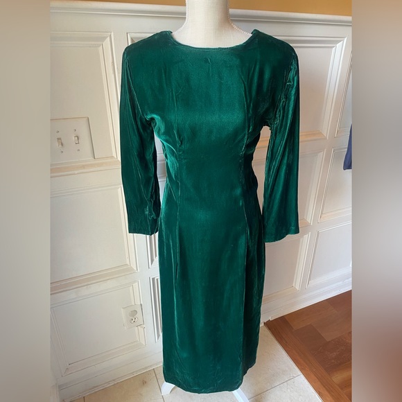 ❌SOLD❌ VTG 80’S 90’S HANDMADE CHRISTMAS HOLIDAY PARTY GREEN VELVET DRESS BIG BOW - Picture 2 of 8